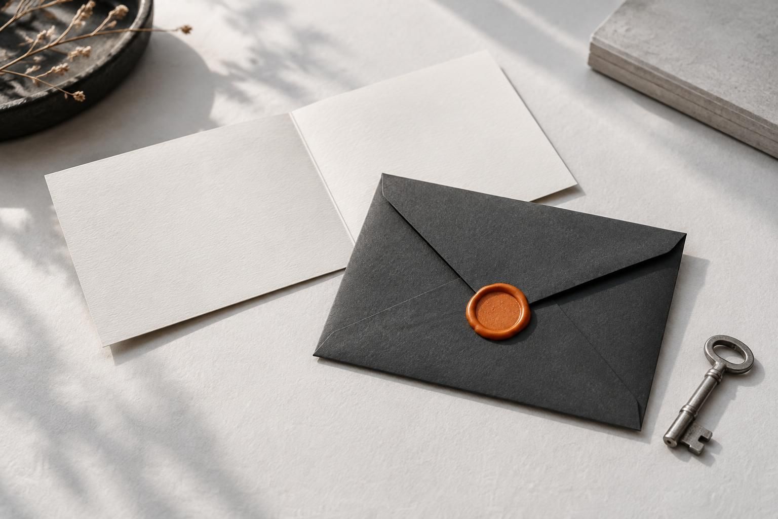 Ein versiegelter dunkler Umschlag neben einer offenen Postkarte und einem Schlüssel: ein Sinnbild für vertrauliche Nachrichten.